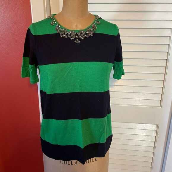 J CREW | green & black short sleeve striped sweater w beaded collar XS - Picture 1 of 7